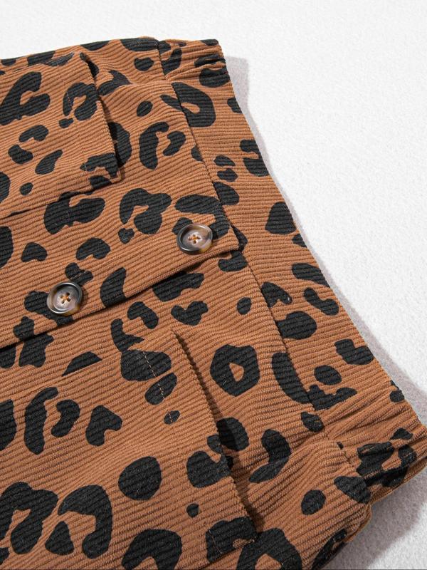 Women's Leopard Print Fake Button Decor Pocket Corduroy Skirt, Casual A Line Short Skirt for Daily Wear, Ladies Fall & Winter Bottoms