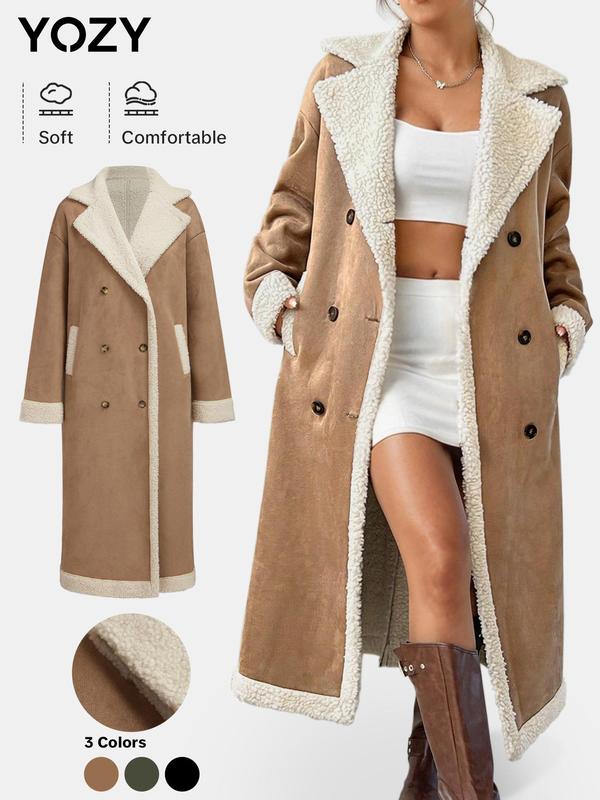 YOZY Christmas Deals, Women's Solid Color Double Button Pocket Drop Shoulder Wool Coat, Casual Long Sleeve Lapel Neckline Longline Coat, Christmas 2024 Trend, Fall & Winter Clothes