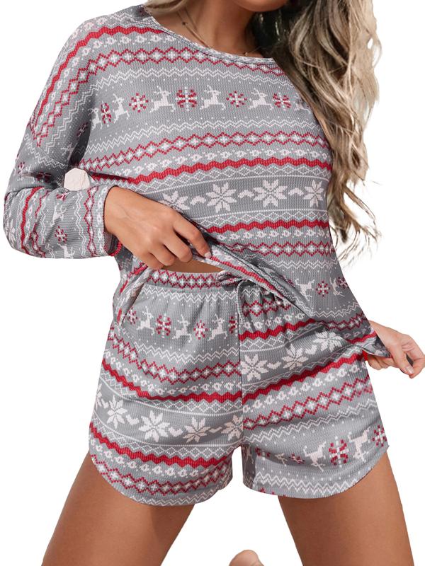 Ekouaer Fashion Cute Womenswear Waffle Knitted Pajama Set, Knitted Long Sleeve Top and Drawstring Shorts, Waffle Autumn Women's Knitted Set Loungewear