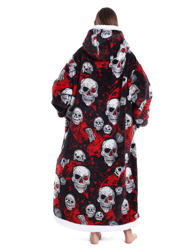 Women's All Over Print Drop Shoulder Hooded Flannel Lounge Robe, Casual Long Sleeve Pocket Design Bathrobe, Ladies Sleepwear for Fall & Winter