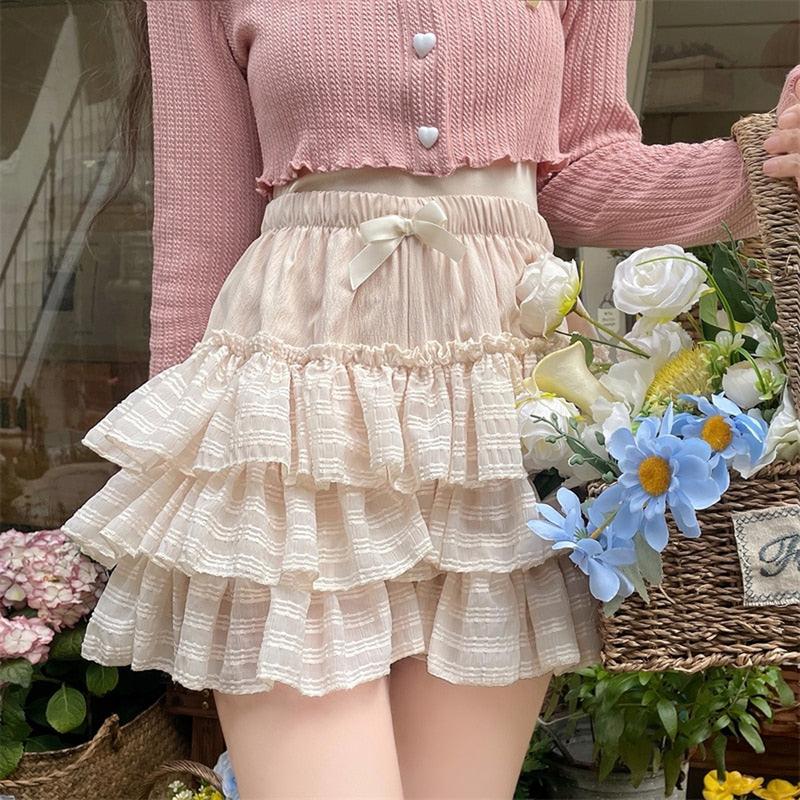 Women's Lolita Kawaii Mini Skirts Elastic Waist Tiered Ruffle Mini Skirts Skort Japanese Korean Cute Sweet Skirt