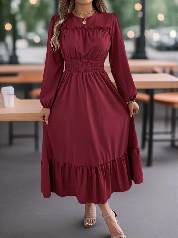 Women's Plain Shirred Ruffle Trim A Line Dress, Elegant Bishop Sleeve Round Neck Long Dress for Party Holiday Wedding Guest, Ladies Fall & Winter Clothes