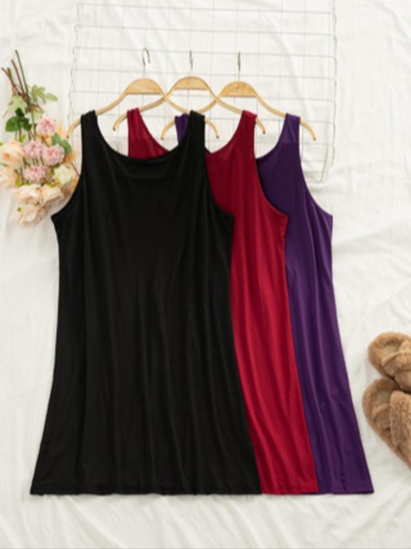  Solid Color Scoop Neck Tank Nightdress, Casual Soft Comfortable Sleeveless Nightgown for Women, Women's Sleepwear for Summer