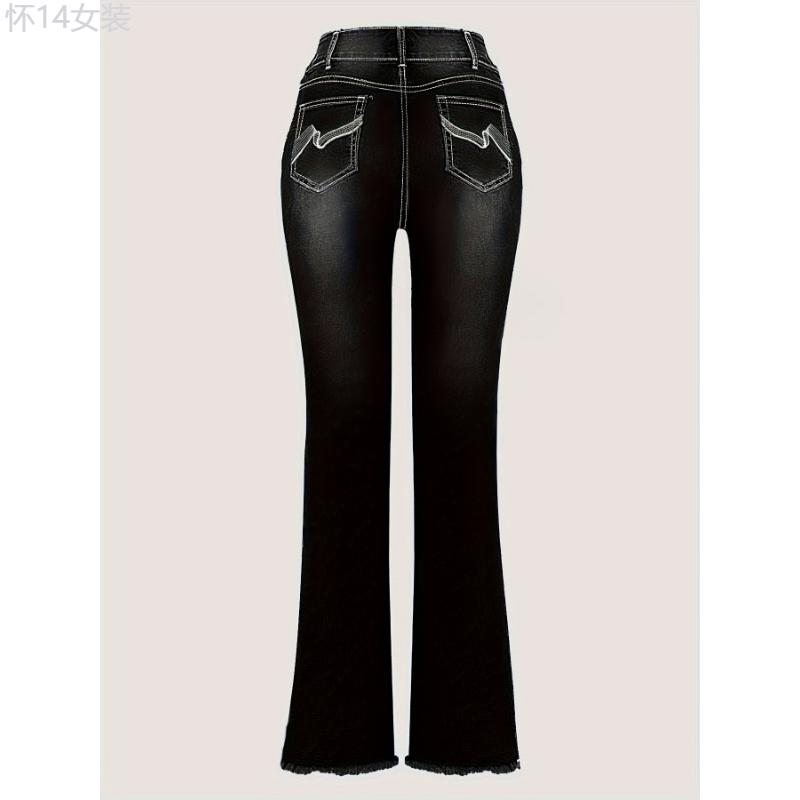 Women's Plus Size High-Waist Flare Jeans with Embroidered Pockets - Stretchy, Vintage-Inspired Comfort Fit Denim in Black, Non-See-Through, Machine Washable - Fashionable Retro Style for All Seasons Womenswear Bottom Pants Trouser Pants Trouser  Cotton