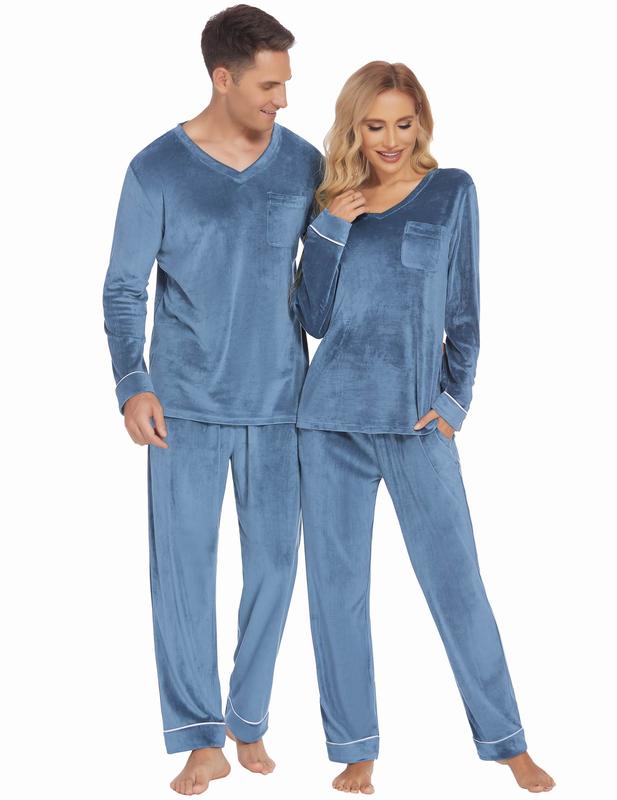 Ekouaer Couples Matching Pajamas Sets Velvet PJs Set for Men and Women Velour Long Sleeve Sleepwear S-XXL