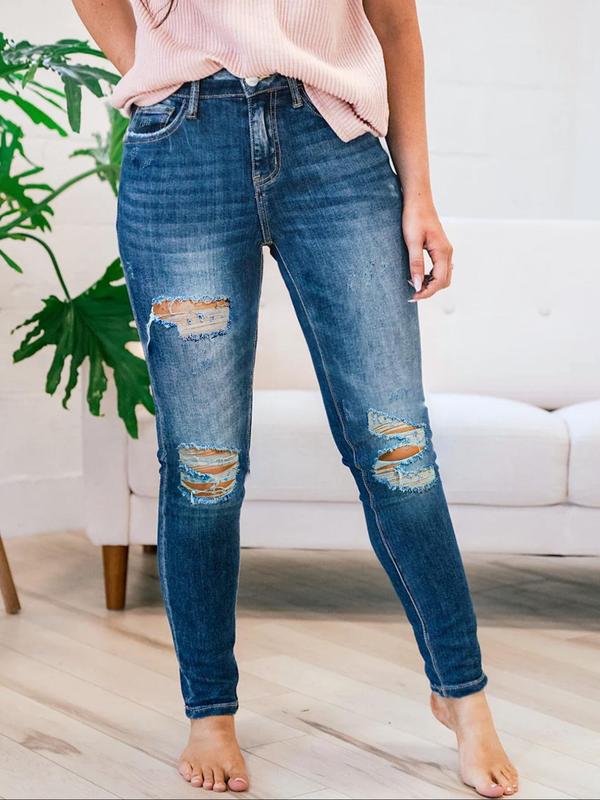  Plus Size Pocket Button Ripped Jeans, Washed Denim Faded Jeans for Women, Casual Streetwear, High Rise Tight Pants for Daily Wear, Women's Bottoms for All Seasons, Fall Clothing Women