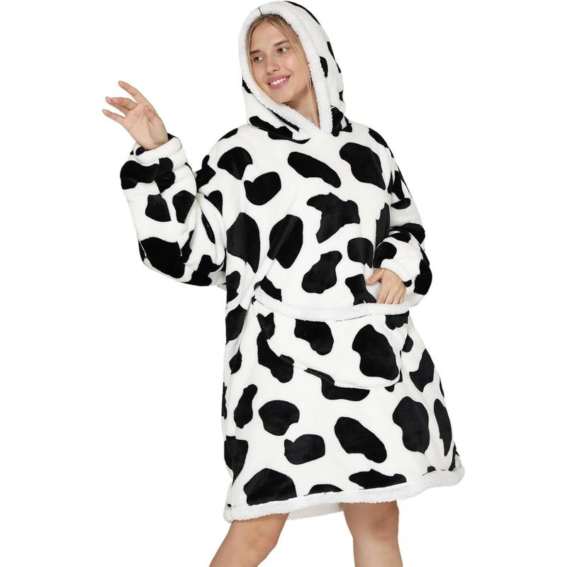 Wearable Blanket Hoodie Oversized Hooded Blanket for Adult Women Super Soft Comfortable Warm Flannel Cow