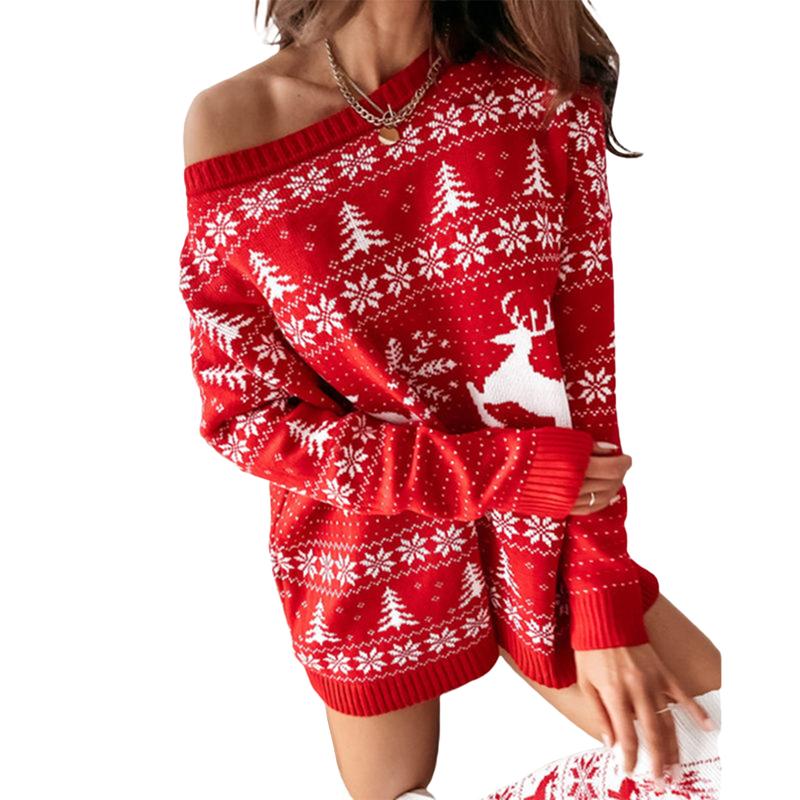 Women Ugly Christmas Sweater Dress Long Sleeve Cute Print Winter Xmas Pullover Knit Dress Holiday Outfits