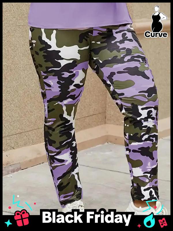  Camo Print Elastic Waist Leggings, Casual Comfy Skinny Pants for Women, Women's Bottoms for Spring & Fall Legging Pants