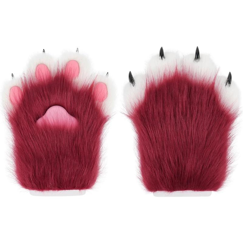 Faux Fur Plush Furry Cat Claw Gloves Fursuit Animal Fox Paws Mittens Halloween Cosplay Costume Accessories for Adult