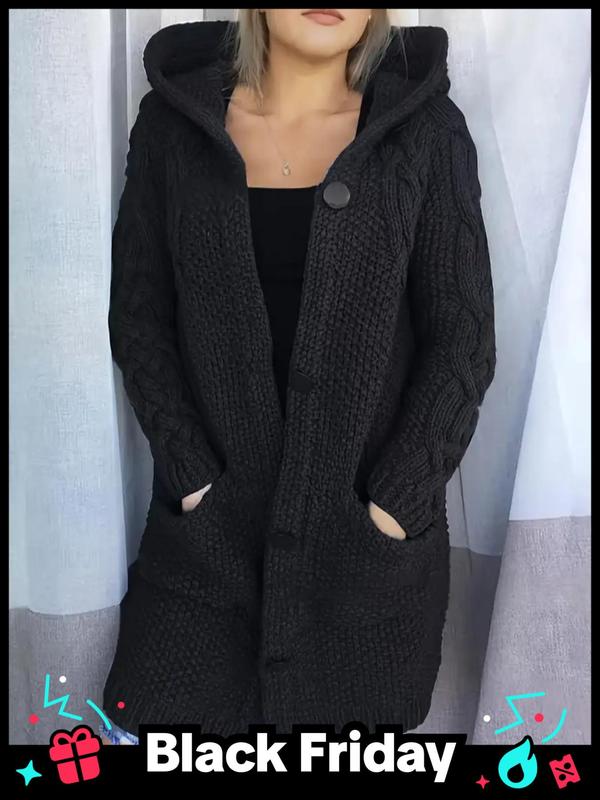  Solid Button Front Hooded Cardigan, Casual Long Sleeve Pocket Sweater Cardigan, Women's Fall & Winter Knit Clothing for Daily Wear