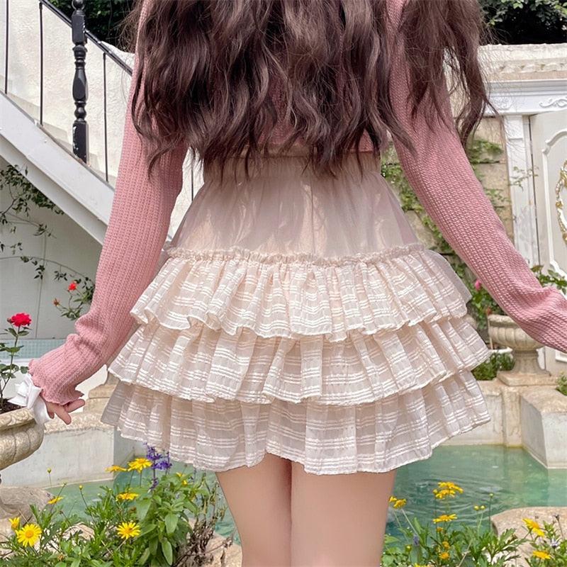 Women's Lolita Kawaii Mini Skirts Elastic Waist Tiered Ruffle Mini Skirts Skort Japanese Korean Cute Sweet Skirt