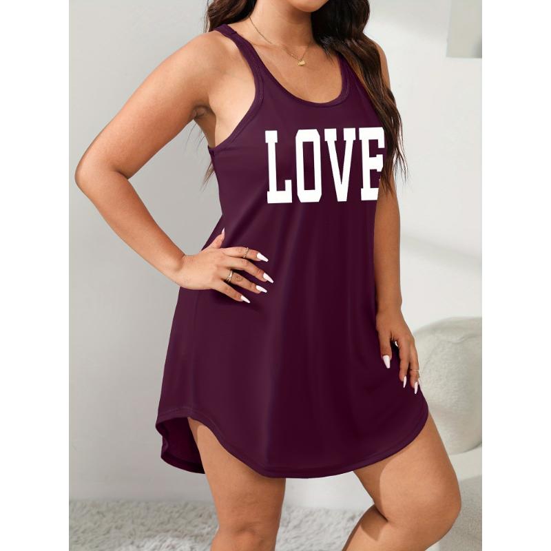 Plus Size Women's Cozy Lounge Dress - Soft Scoop Neck, Racer Back, Relaxed Fit, Letter Graphic Tank Sleep Dress for Casual Occasions