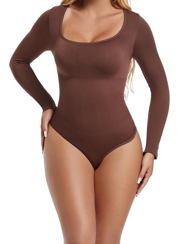 Women's Solid Color Square Neck Thong Design Bodysuit, Casual Long Sleeve Bodysuit for Daily Wear, Ladies Clothes for All Seasons