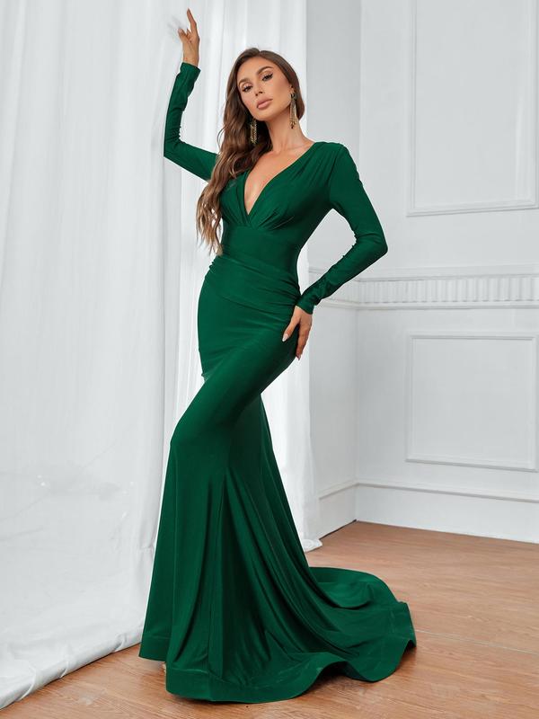 Women's Plain Backless Ruched Mermaid Evening Dress, Elegant Deep V Neck Long Sleeve Bodycon Dress for Party, Women's Clothing for Spring & Fall