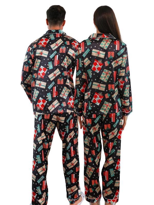 Couple's Christmas Themed Print Button Front Pocket Pajama Two-piece Set, Casual Comfy Long Sleeve Lapel Neckline Shirt & Elastic Waist Pants PJ Set, Couple's Sleepwear for Spring & Fall