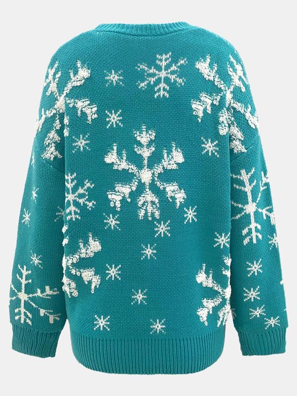 Women's Christmas Snowflake Pattern Drop Shoulder Sweater, Casual Long Sleeve Round Neck Jumper for Fall & Winter, Fashion Ladies' Knitwear for Daily Wear