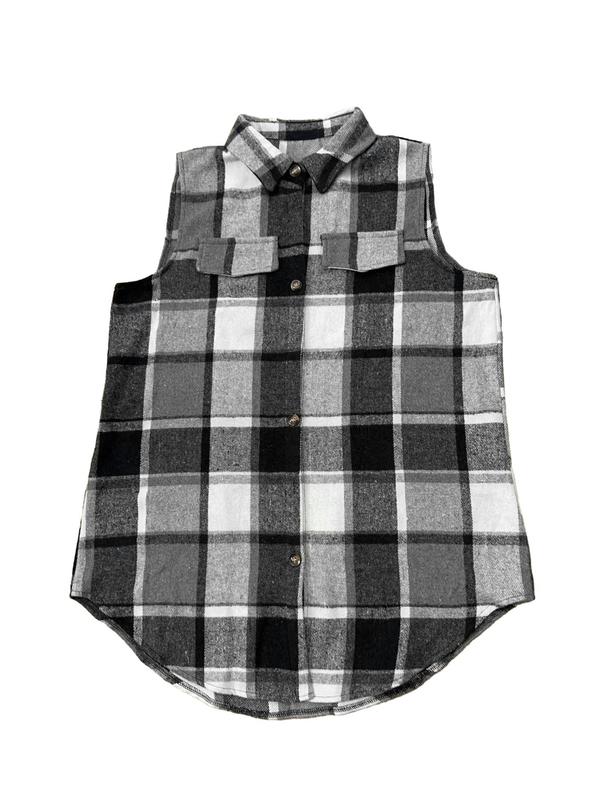  Plaid Print Button Front Vest Coat, Casual Sleeveless Collared Outerwear for Fall & Winter, Gift Set for Women, Women's Plus Size Clothes for Daily Wear