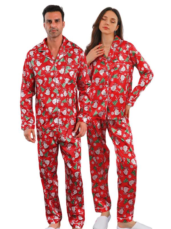 Couple's Christmas Themed Print Button Front Pocket Pajama Two-piece Set, Casual Comfy Long Sleeve Lapel Neckline Shirt & Elastic Waist Pants PJ Set, Couple's Sleepwear for Spring & Fall