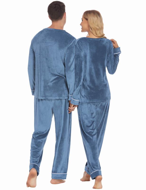 Ekouaer Couples Matching Pajamas Sets Velvet PJs Set for Men and Women Velour Long Sleeve Sleepwear S-XXL