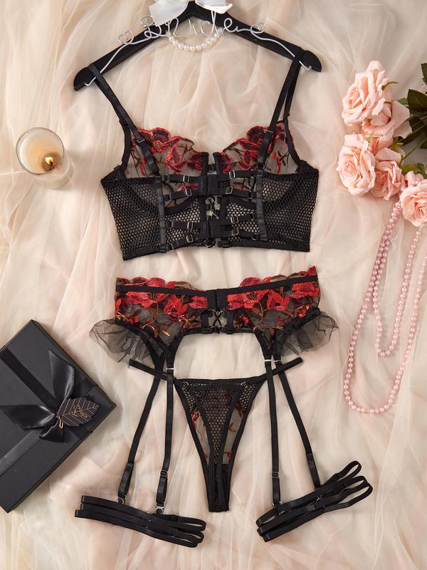 Women's Floral Embroidery Sheer Mesh Lingerie Set, Sexy Adjustable Strap Hollow Out Underwire Bra & Thong & Ruffle Trim Lace Up Garter Belt Three-piece Set, Lingerie Set for Women