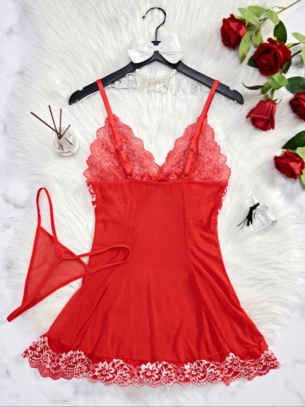 Women's Floral Lace Trim Cami Dress & Thong Sexy Lingerie Set, Romantic Comfy Breathable Mesh Lingerie Set for Daily Wear, Women's Lingerie & Underwear for All Seasons