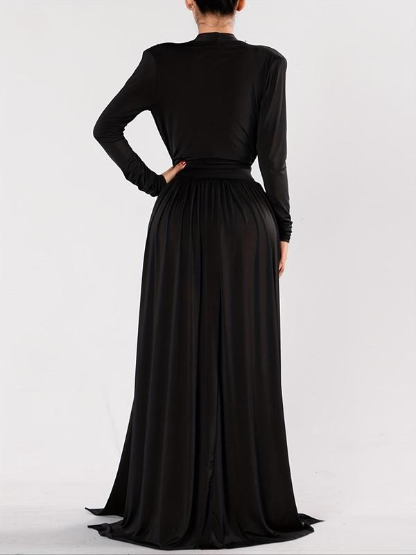 Women's Plain Deep V Neck Split Thigh Maxi Dress, Elegant Long Sleeve Maxi Dress for Party Evening Formal Occasions, Ladies' Clothes for Spring & Fall