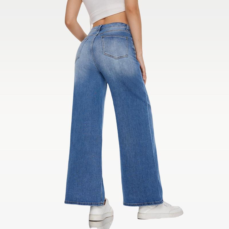 Women Wide Leg High-waisted Stretchy Jeans Buckle Baggy Pants Medium Blue M042701 Underwear Streetwear Lady Trouser Comfortable Denim Minimalist