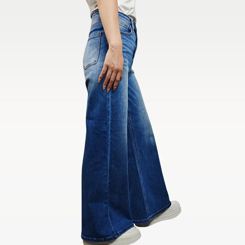 Women Wide Leg High-waisted Stretchy Jeans Buckle Baggy Pants Medium Blue M042701 Underwear Streetwear Lady Trouser Comfortable Denim Minimalist