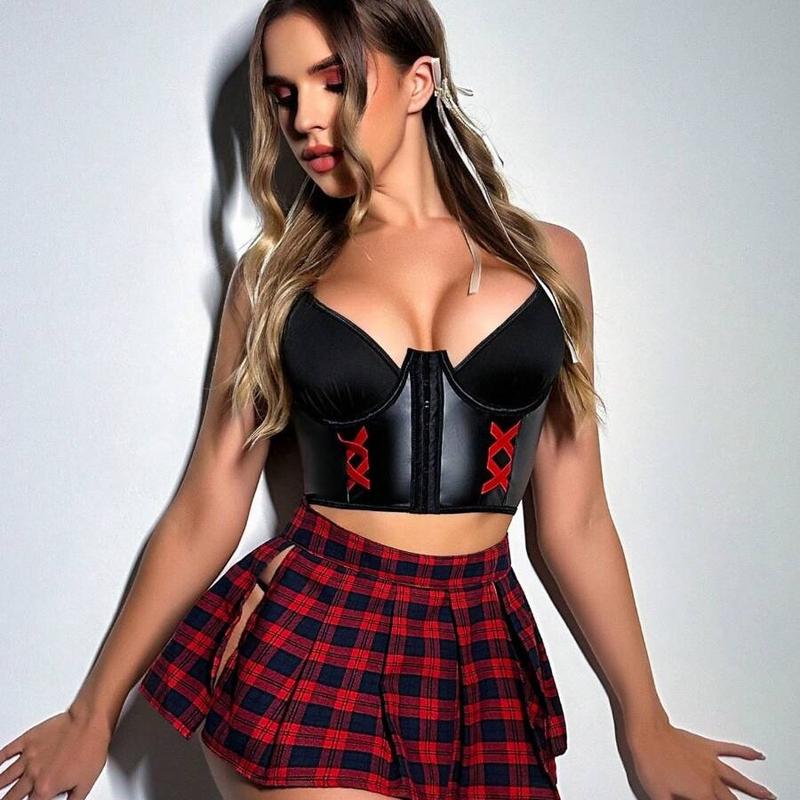 Fantasy Costume 3pcs Lingerie Set: Front Closure Bra + Plaid Mini Skirt, Sexy Underwear