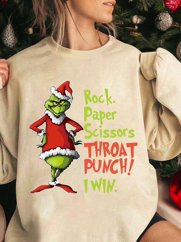 Women's Cartoon Grinch Print Drop Shoulder Sweatshirt, Casual Letter Print Long Sleeve Round Neck Pullover for Daily Wear, Ladies Fall & Winter Clothes