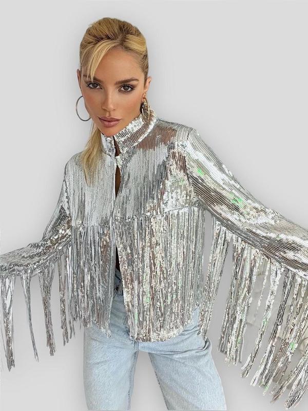 Women's Fringe Trim Long Sleeve Sequin Jacket, Fashion Casual Open Front Outerwear for Daily Outdoor Wear, Jackets for Women, Winter Clothes Women, Ladies Clothes for All Seasons, 90s Clothes