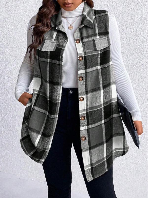  Plaid Print Button Front Vest Coat, Casual Sleeveless Collared Outerwear for Fall & Winter, Gift Set for Women, Women's Plus Size Clothes for Daily Wear