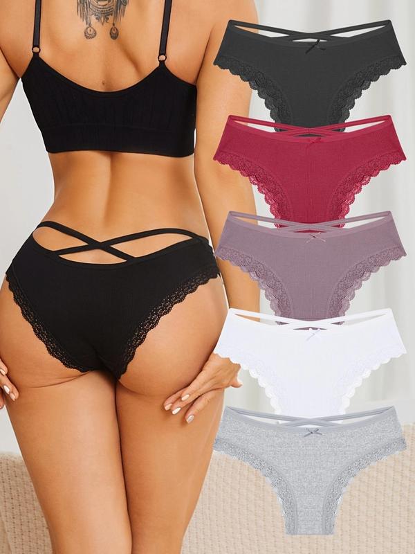 Women's 5pcs Multicolor Plain Contrast Lace Criss Cross Panty, Bow Decor Lace Trim Knickers, Soft Comfy Breathable Panties for Women, Women's Underwear