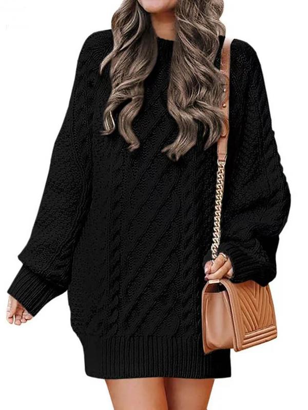 Women's Plain Raglan Sleeve Cable Knit Sweater Dress, Casual Long Sleeve Round Neck Jumper Dress for Fall & Winter, Women's Knitwear for Daily Wear