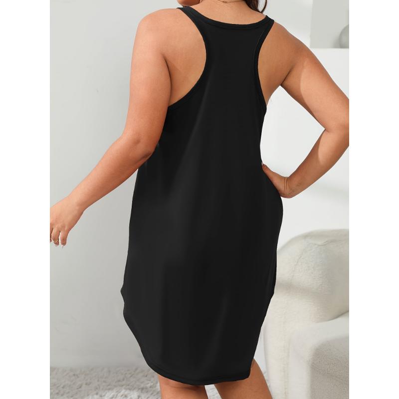 Plus Size Women's Cozy Lounge Dress - Soft Scoop Neck, Racer Back, Relaxed Fit, Letter Graphic Tank Sleep Dress for Casual Occasions