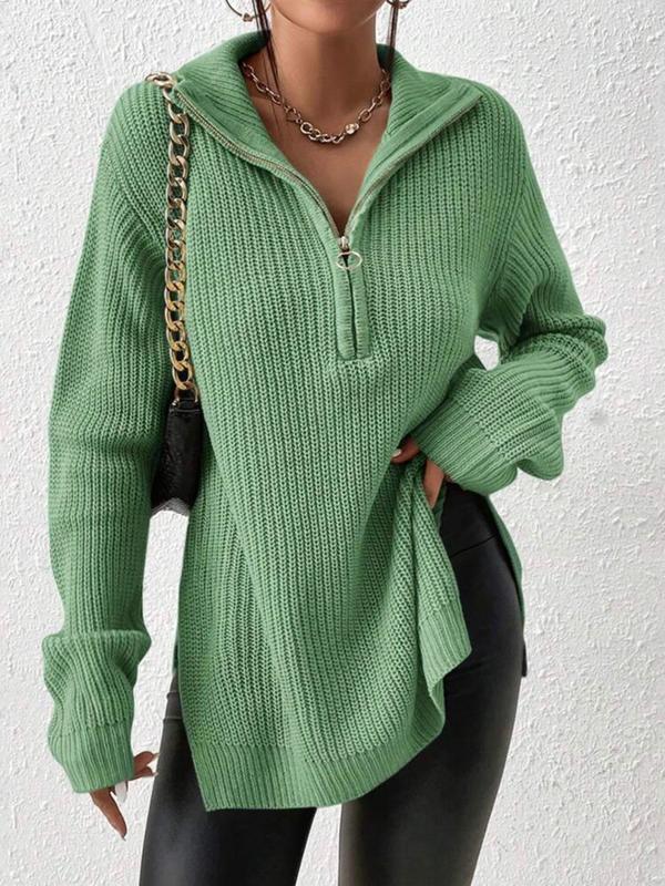 Women's Plain Zipper Half Placket Collared Sweater, Casual Long Sleeve Jumper for Fall & Winter, Fashion Ladies' Knitwear for Daily Wear