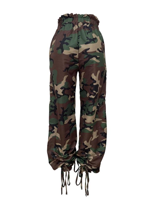 Women's Camo Print Drawstring Waist Pants, Street Fashion Casual Pocket Trousers for Daily Wear, Ladies Bottoms for Fall & Winter