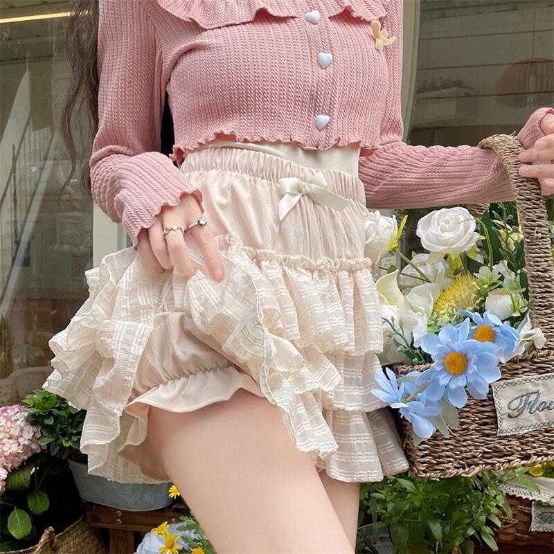 Women's Lolita Kawaii Mini Skirts Elastic Waist Tiered Ruffle Mini Skirts Skort Japanese Korean Cute Sweet Skirt