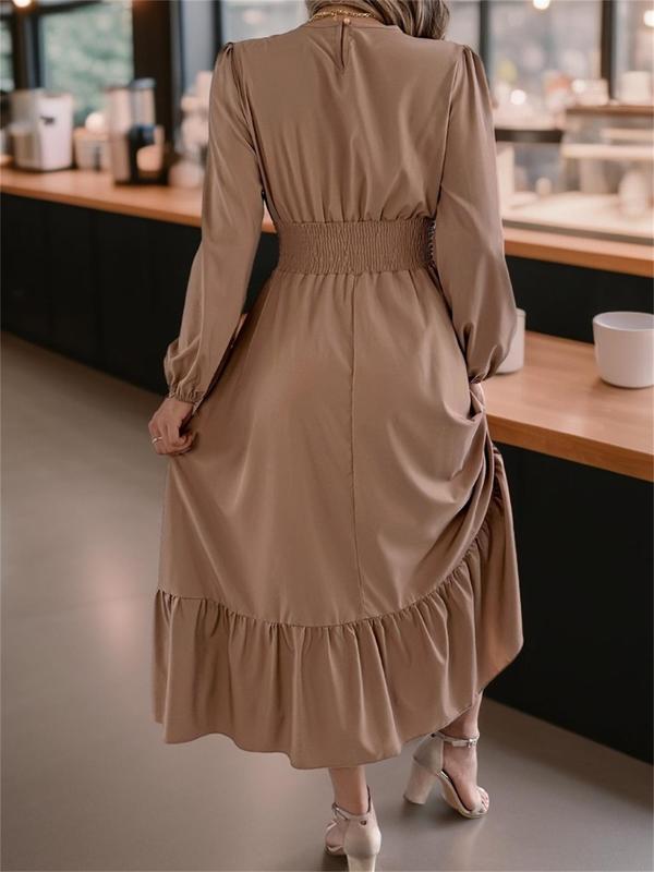 Women's Plain Shirred Ruffle Trim A Line Dress, Elegant Bishop Sleeve Round Neck Long Dress for Party Holiday Wedding Guest, Ladies Fall & Winter Clothes