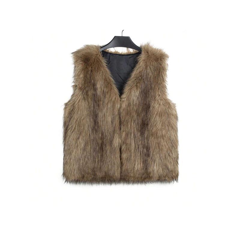 Women Faux Fur Vest, Sleeveless Open Front Solid Outwear Gilet For Casual Street