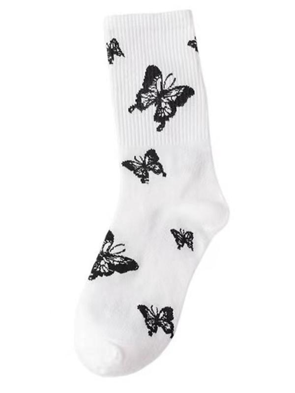 Women's 5 Pairs Butterfly Print Crew Socks, Comfort Casual Mid-calf Socks, Multi-pack Mid Tube Knit Socks, Comfort Lady Womenswear, Lady's Socks & Hosiery