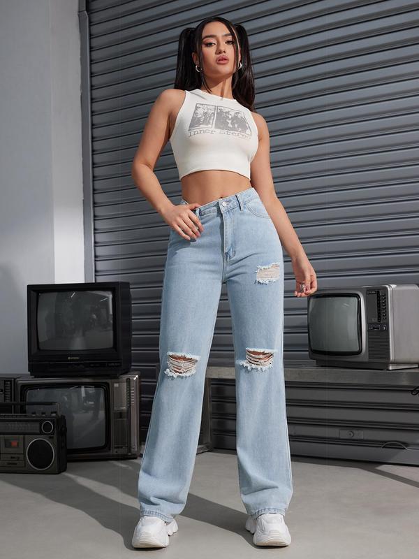 Women's Denim-effect Print Ripped Button Pocket Pants, Pants for Women, Casual Street  Jean, High Waist Straight Leg Trousers for Daily Wear, Ladies Bottoms for All Seasons, Pants for Women