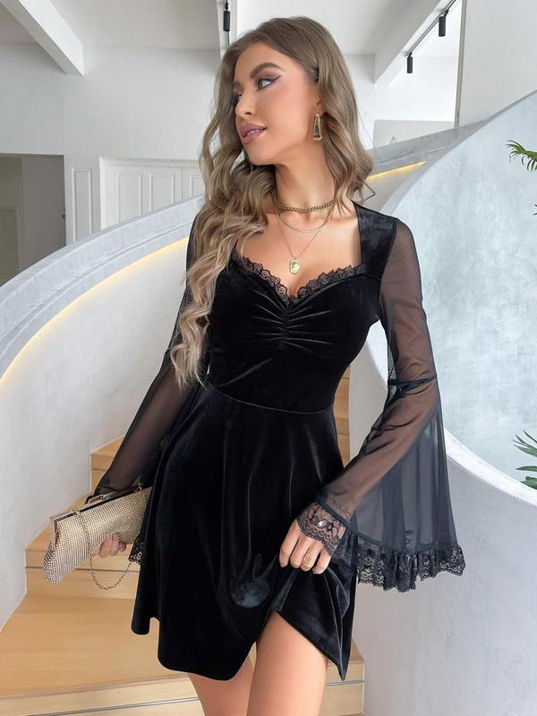 Women's Contrast Lace Ruched Velvet Dress, Elegant Sweetheart Neck Flounce Sleeve A Line Short Dress for Party Guest, Birthday Dresses 2024, Ladies Spring & Fall Clothes