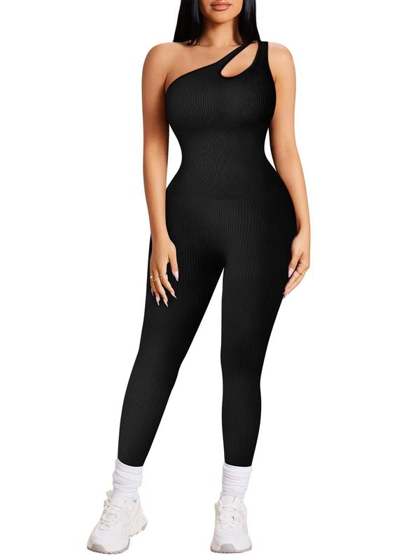 Women's Solid One Shoulder Cut Out Shapewear Jumpsuit, Casual Comfy High Stretch Seamless Shaper for Daily Wear, Tummy Control Butt Lifting  Bodysuit for All Seasons.