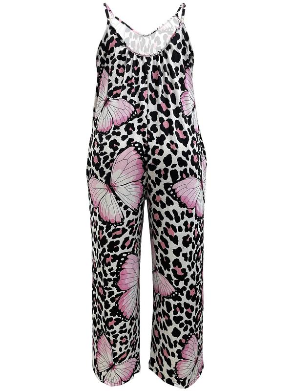 Plus Size Butterfly & Leopard Print Cami Jumpsuit, Casual Pocket V Neck Wide Leg Jumpsuit, Comfort Sleeveless Womenswear, Women's Plus Size Clothing for All Seasons