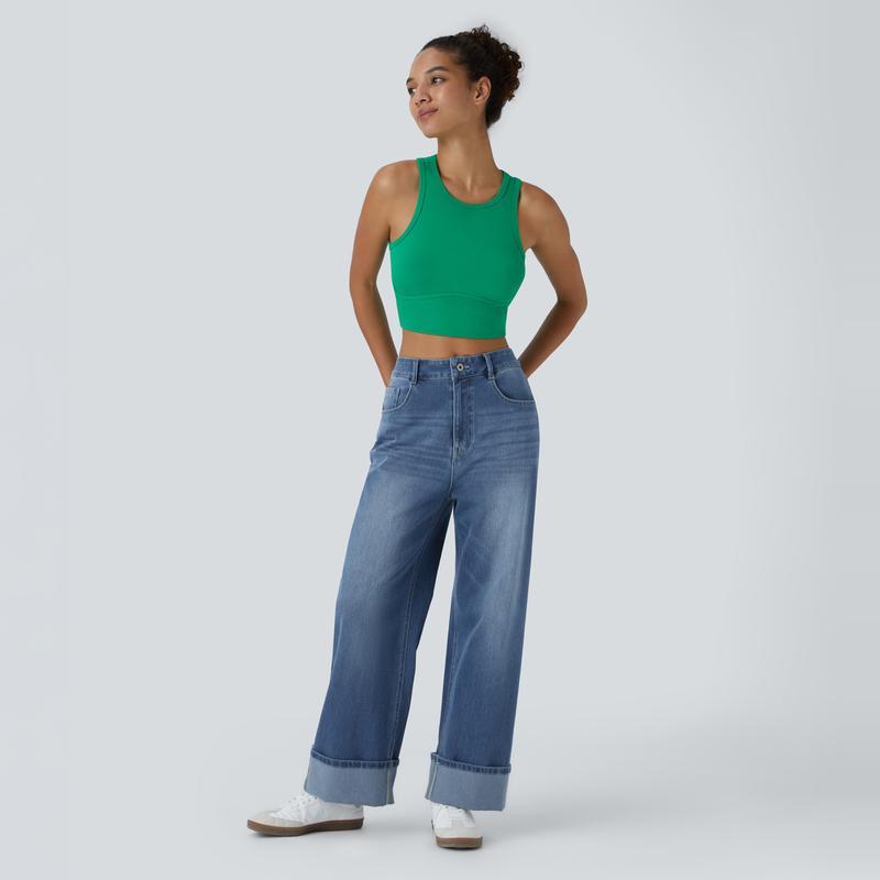 Halara Flex High Waisted Multiple Pockets Rolled Hem Wide Leg Washed Stretchy Knit Casual Jeans