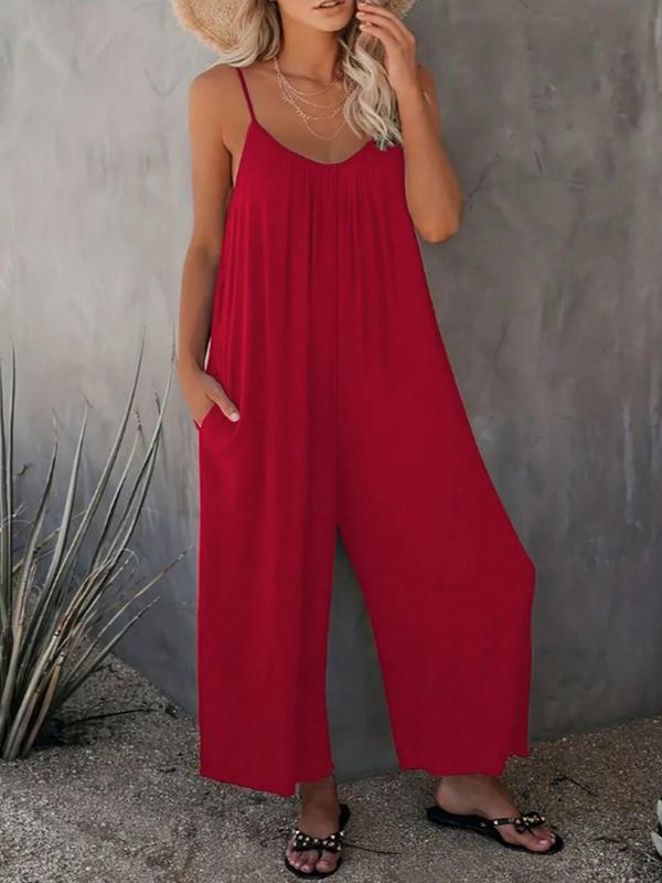  Solid Ruched Pocket Wide Leg Jumpsuit, Casual Sleeveless Spaghetti Strap Jumpsuit for Fall & Winter, Jumpsuit for Women, Women's Plus Size Clothes for Daily Wear