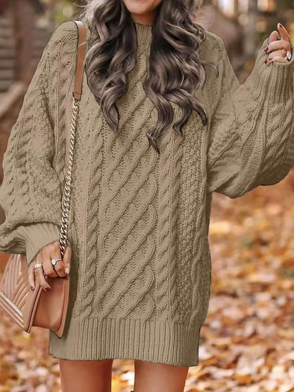 Women's Plain Raglan Sleeve Cable Knit Sweater Dress, Casual Long Sleeve Round Neck Jumper Dress for Fall & Winter, Women's Knitwear for Daily Wear