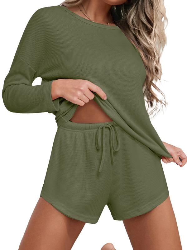 Ekouaer Fashion Cute Womenswear Waffle Knitted Pajama Set, Knitted Long Sleeve Top and Drawstring Shorts, Waffle Autumn Women's Knitted Set Loungewear